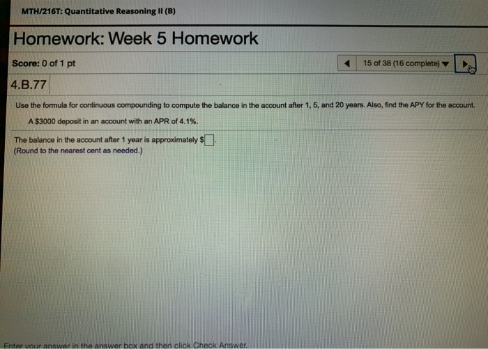 Solved MTH/216T: Quantitative Reasoning II (B) Homework: | Chegg.com