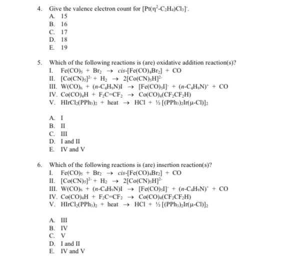 Solved Give The Valence Electron Count For Pt N C2h4 Cl3 Chegg Com