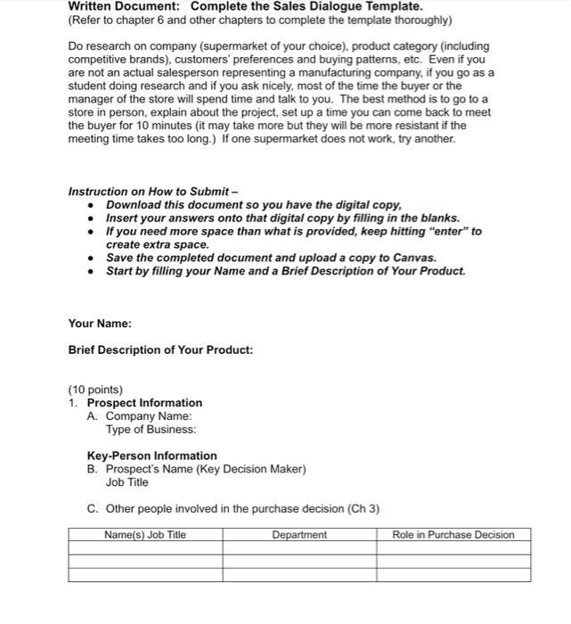 Written Document Complete The Sales Dialogue Chegg