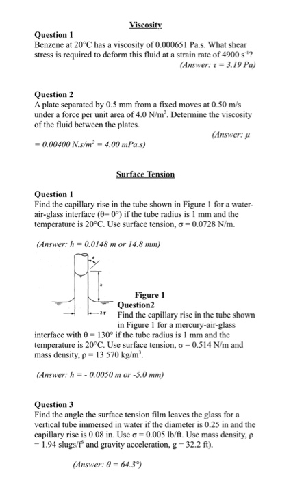 Solved Viscosity Question 1 Benzene At C Has A Viscosi Chegg Com