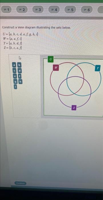 Construct a Venn diagram illustrating the sets below.
\[
\begin{array}{l}
U=\{a, b, c, d, e, f, g, h, i\} \\
W=\{a, e, f, i\}