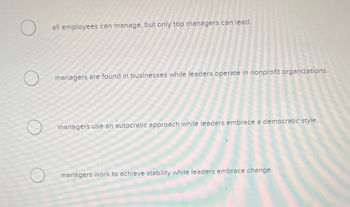 Solved One difference between managers and leaders is that | Chegg.com