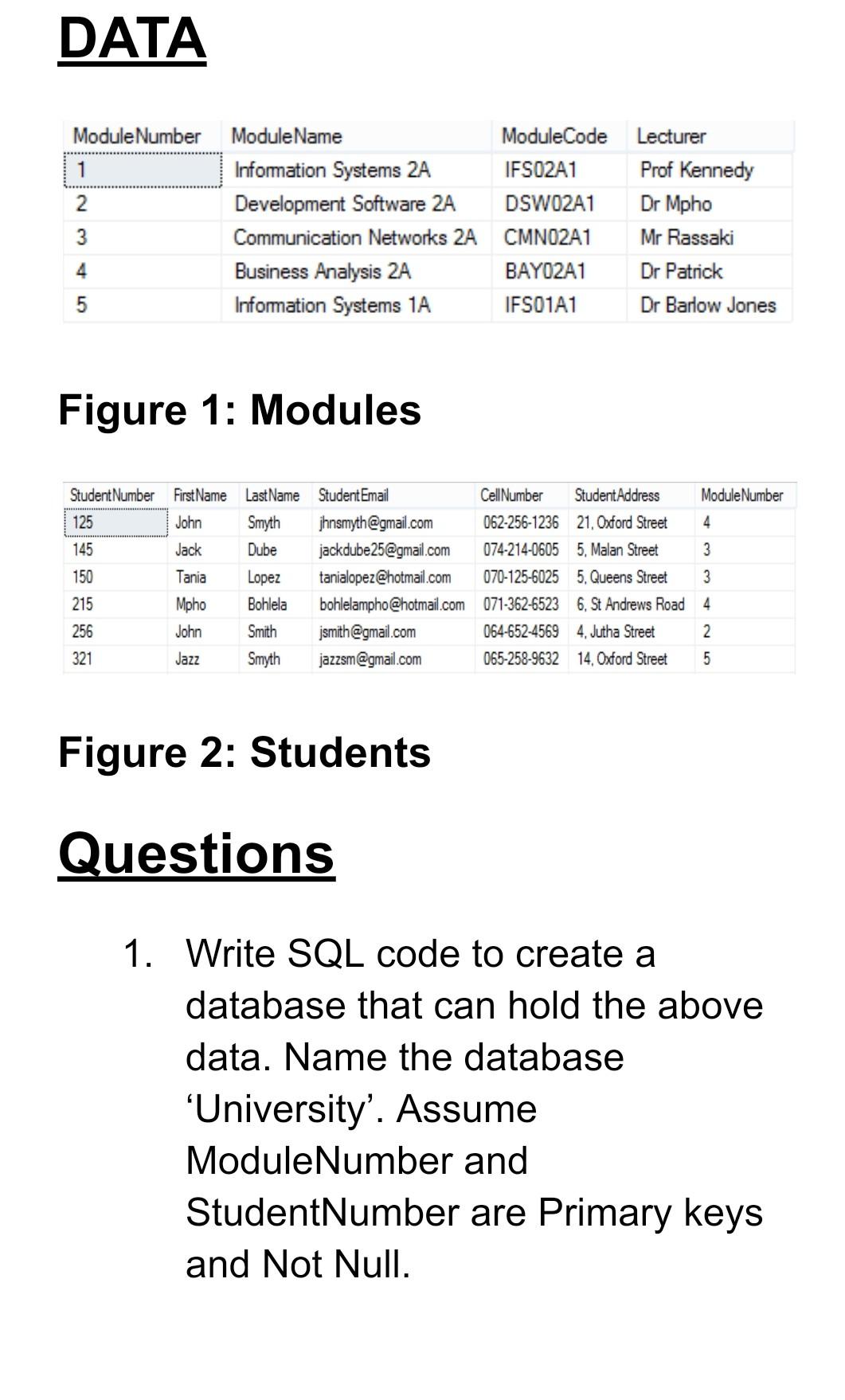 Solved DATA Module Number ModuleName ModuleCode Lecturer 1 | Chegg.com