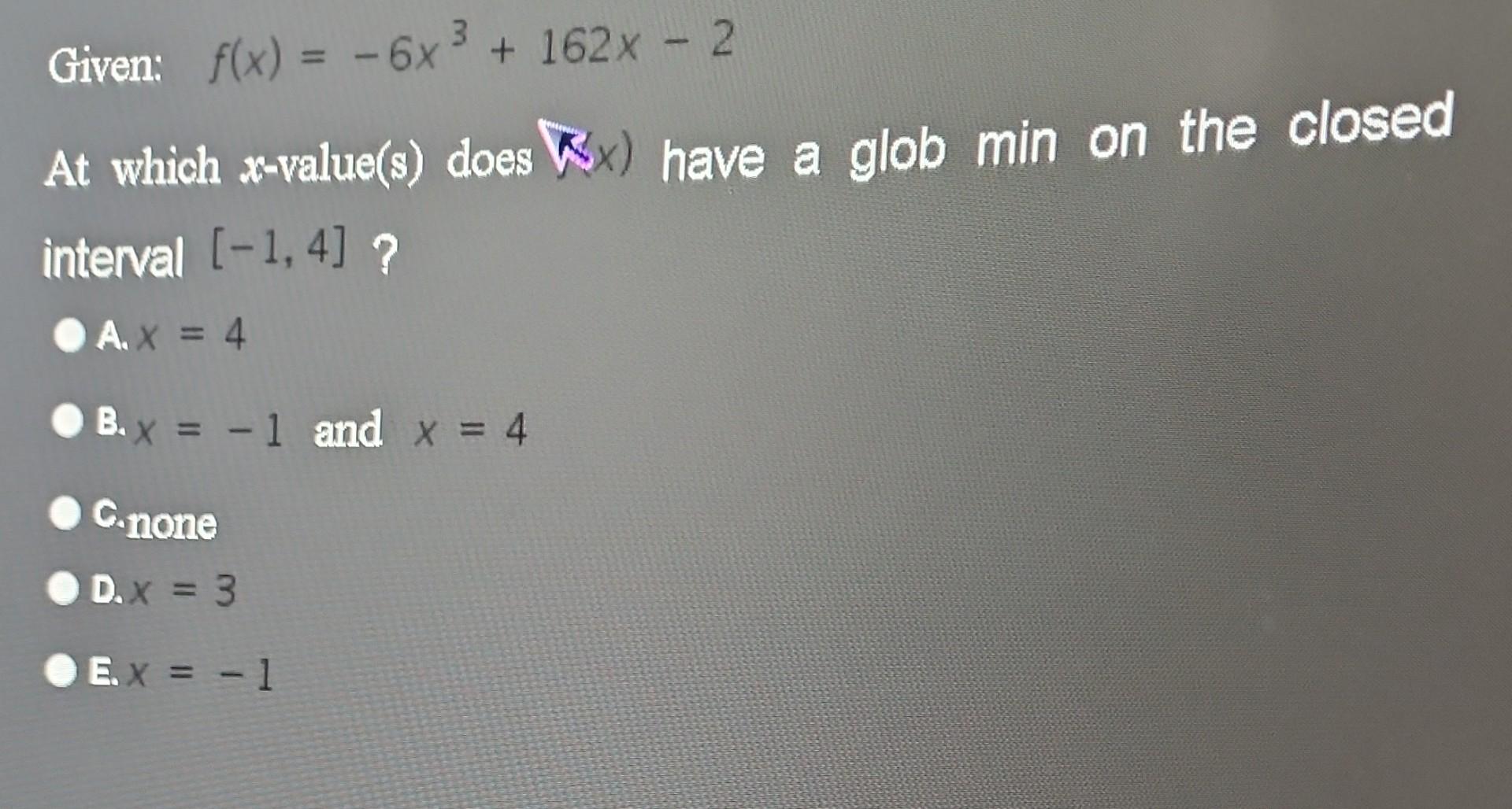 Solved Given f(x)=−6x3+162x−2 At which xvalue(s) does Rx )