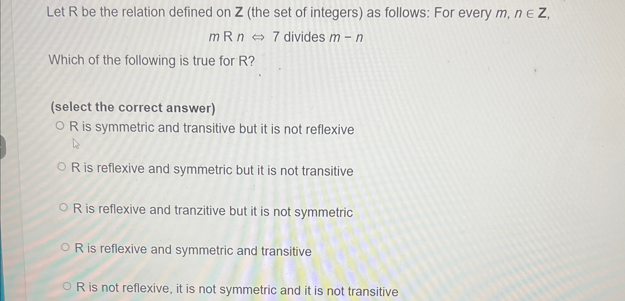 Solved Let R ﻿be the relation defined on Z (the set of | Chegg.com
