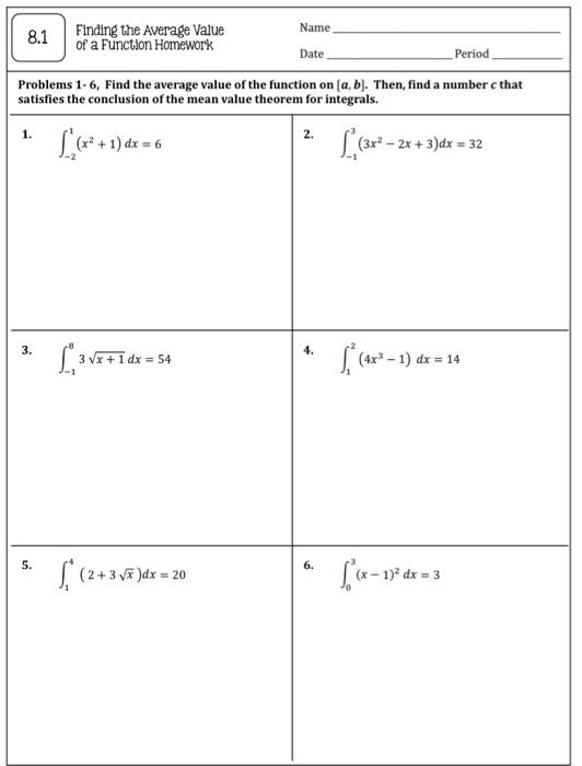 Solved Name 8.1 Finding the average Value of a Function | Chegg.com