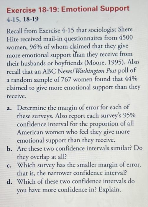 Solved Exercise 18-19: Emotional Support 4-15, 18-19 Recall | Chegg.com