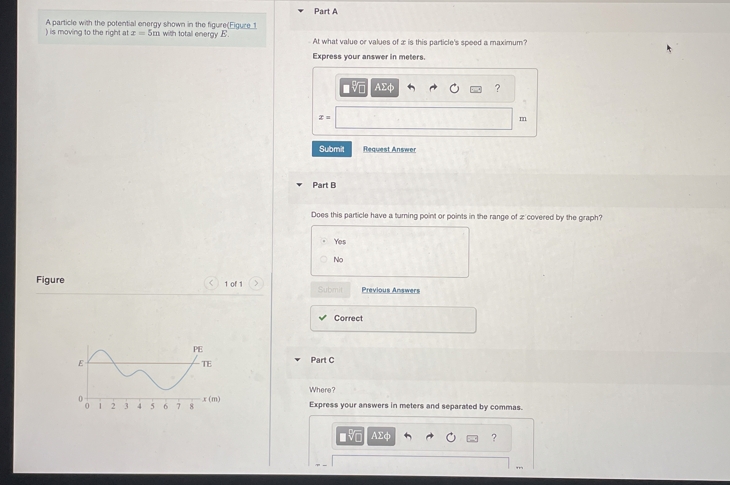 Solved A particle with the potential energy shown in the | Chegg.com