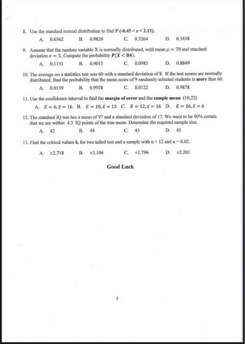 Solved 8. Use the standard normal distribution to find | Chegg.com