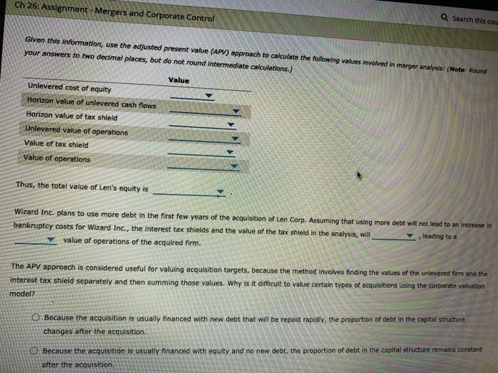 Search this course Ch 26: Assignment - Mergers and | Chegg.com