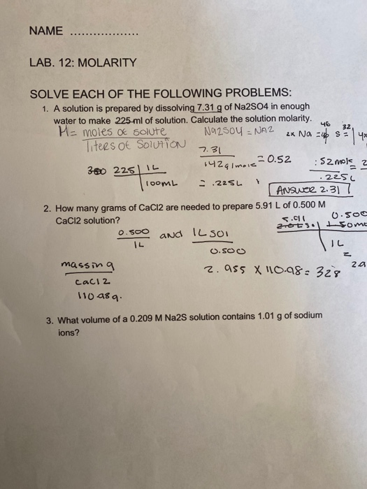 Solved NAME LAB. 12: MOLARITY 142almore-0.52 22510 SOLVE | Chegg.com