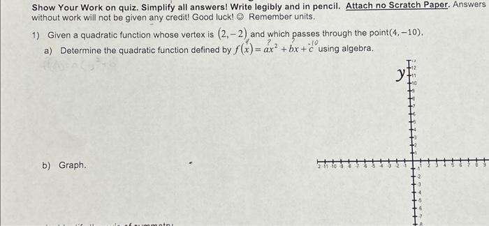 Solved 1) Given a quadratic function whose vertex is (2,-2), | Chegg.com