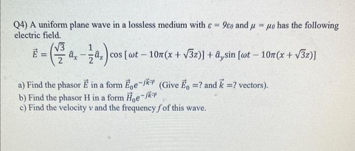 Solved Q4) A uniform plane wave in a lossless medium with | Chegg.com