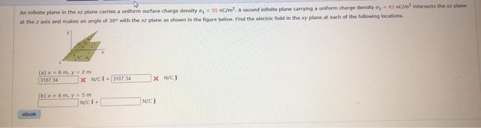 Solved An infinite plane in the plane carries a uniform | Chegg.com