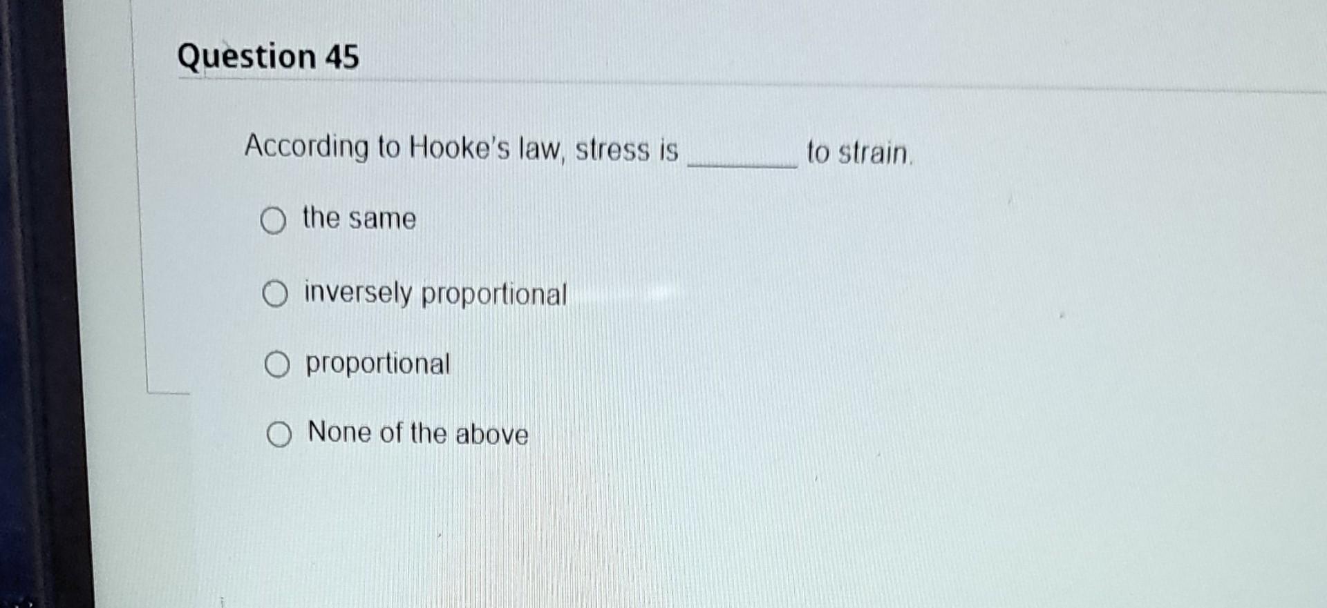 Solved According to Hooke's law, stress is to strain. the | Chegg.com