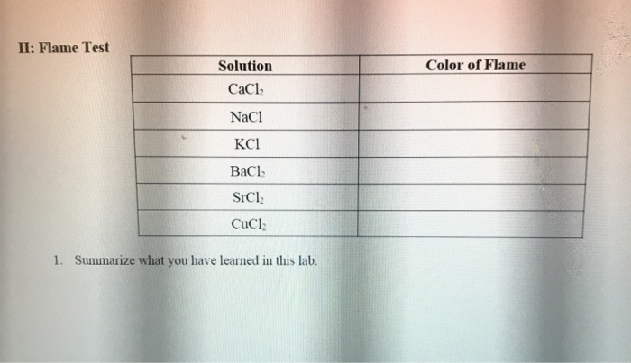 Solved II: Flame Test Color of Flame Solution CaCl2 NaCl КСІ | Chegg.com