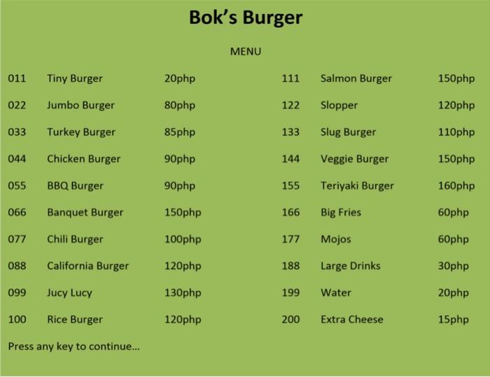 Boks Burger
MENU
\( \begin{array}{lllllr}011 & \text { Tiny Burger } & \text { 20php } & 111 & \text { Salmon Burger } & \te