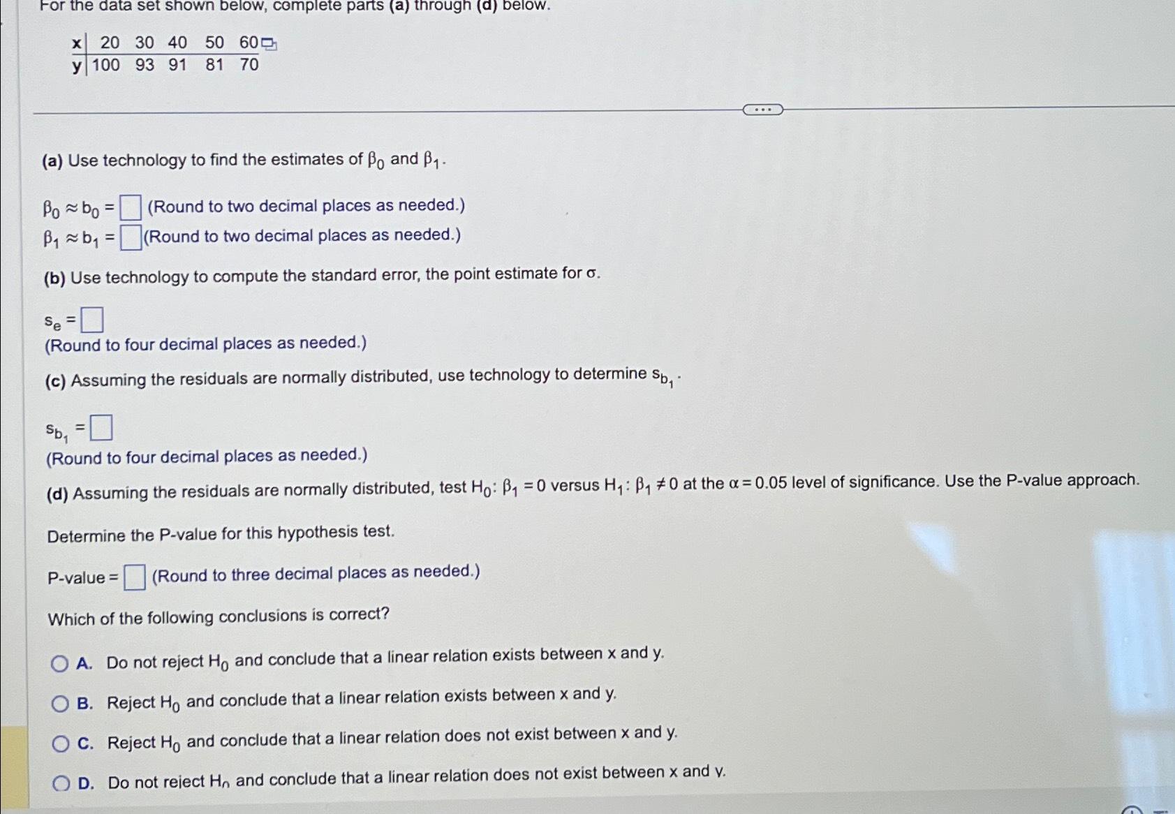 Solved For the data set shown below, complete parts (a) | Chegg.com