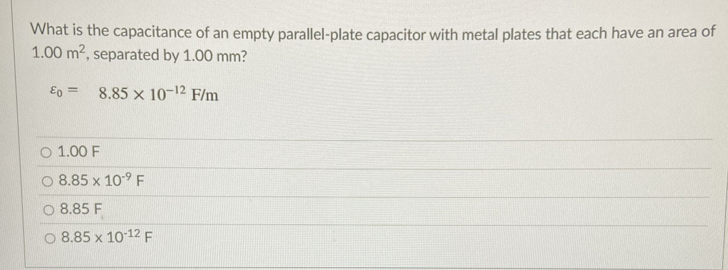 Solved What is the capacitance of an empty parallelplate