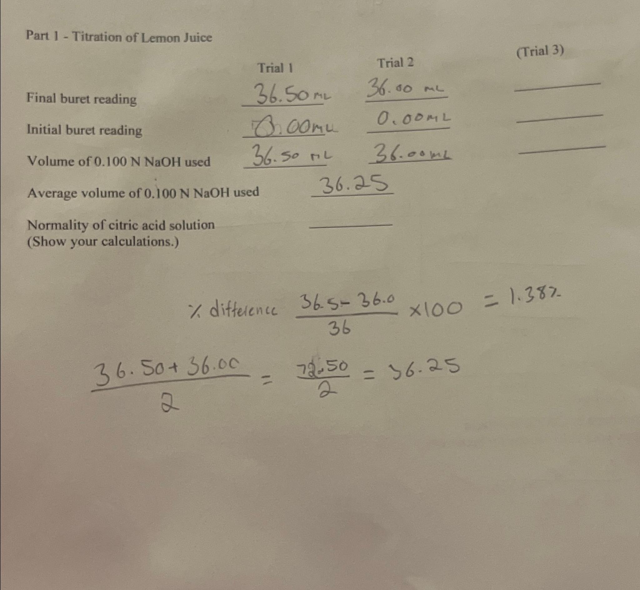 Part 1 ﻿Titration of Lemon Juice ﻿(Trial 3)