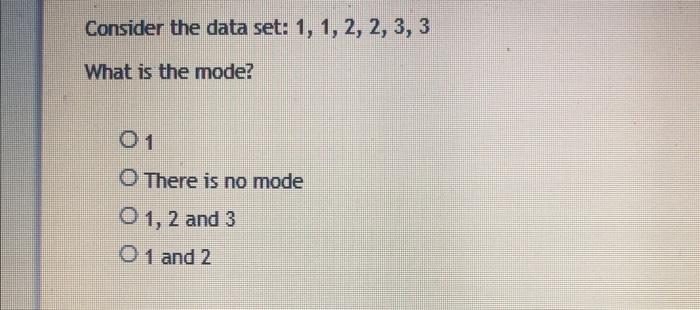 Solved Consider the data set: 1,1,2,2,3,3 What is the mode? | Chegg.com