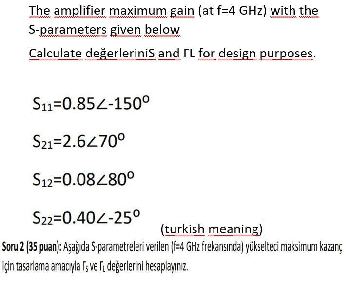 Solved The amplifier maximum gain (at f=4 GHz) with the | Chegg.com