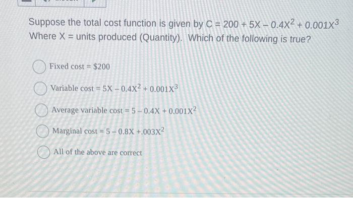 Solved Suppose the total cost function is given by | Chegg.com