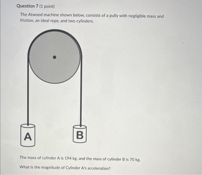 The Atwood machine shown below, consists of a pully with negligible mass and friction, an ideal rope, and two cylinders.
The 