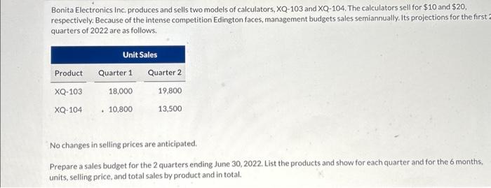 Solved Bonita Electronics Inc. produces and sells two models