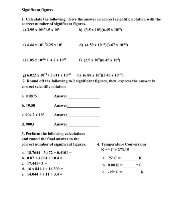 Solved Significant figures 1. Calculate the following. Give | Chegg.com