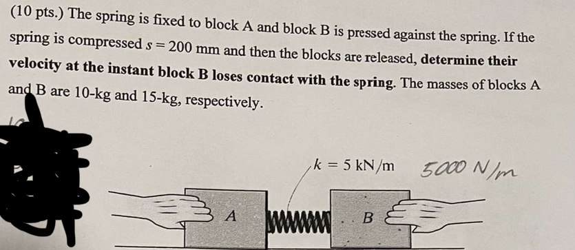 Solved (10 ﻿pts.) ﻿The spring is fixed to block A and block | Chegg.com