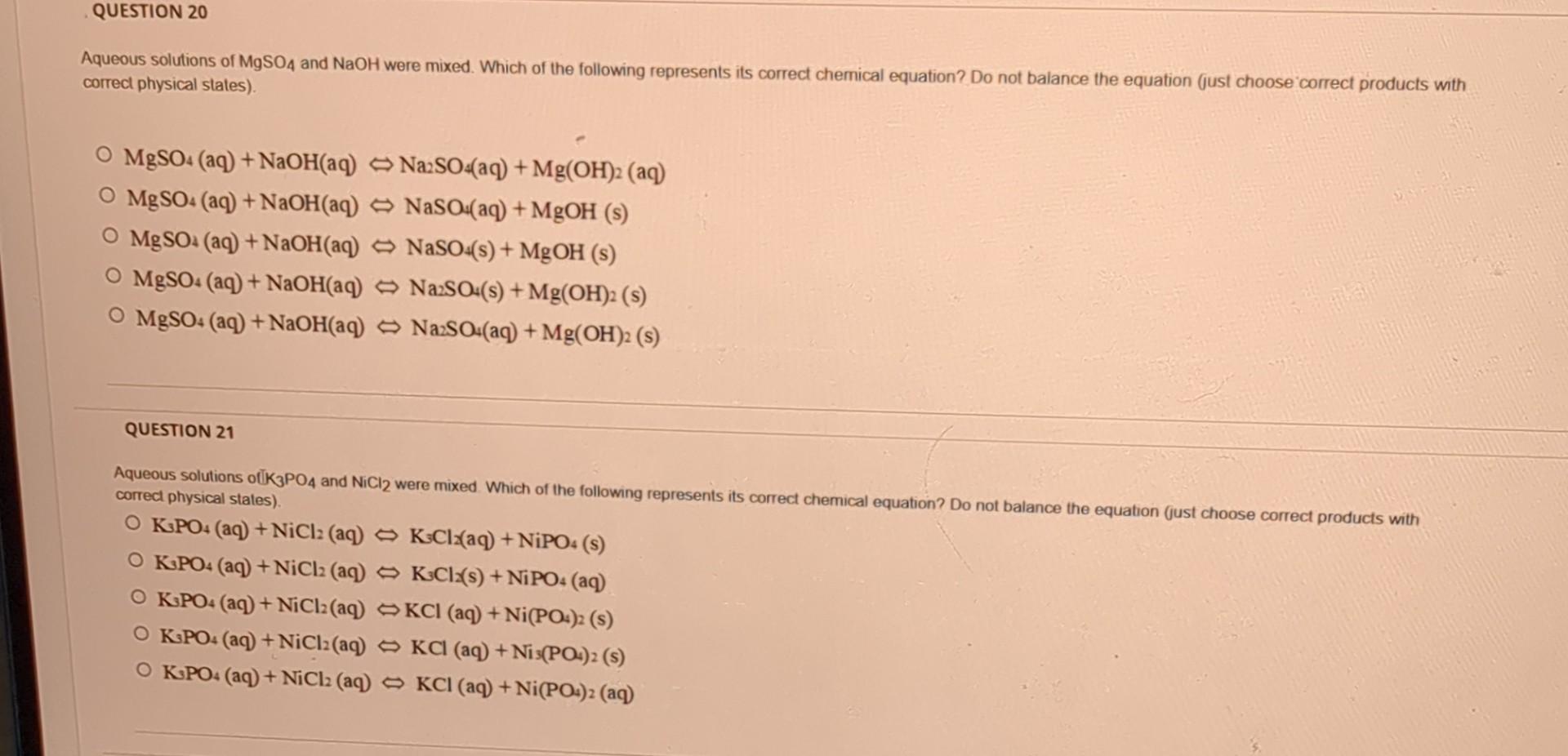 Solved Aqueous solutions of MgSO4 and NaOH were mixed. Which | Chegg.com