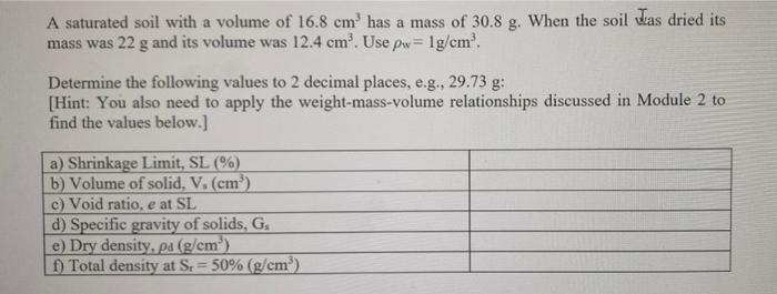Solved A saturated soil with a volume of 16.8 cm has a mass | Chegg.com