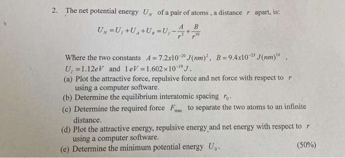 Solved 2 The Net Potential Energy U Of A Pair Of Atoms Chegg Com