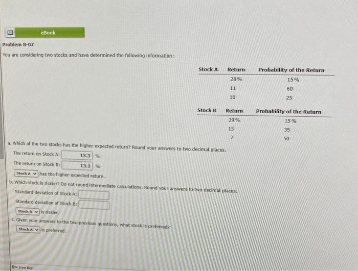 Solved B EBook Problem 8-07 You Are Considering Two Stocks | Chegg.com