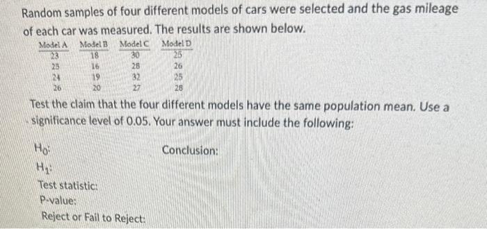 Solved Random samples of four different models of cars were | Chegg.com