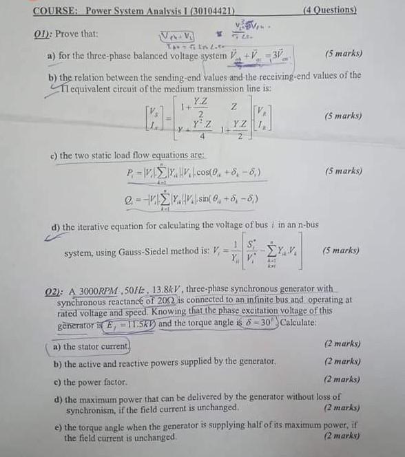 (4 Questions) COURSE: Power System Analysis I | Chegg.com