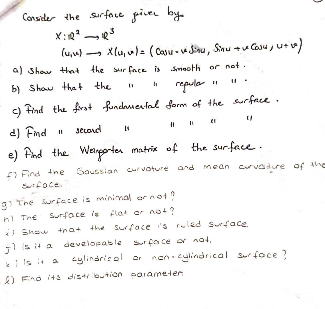 Solved ELEMENTARY DIFFERENTIAL GEOMETRY LESSON Please solve