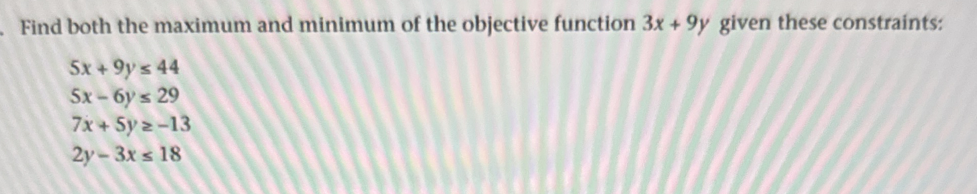 Solved Find both the maximum and minimum of the objective | Chegg.com