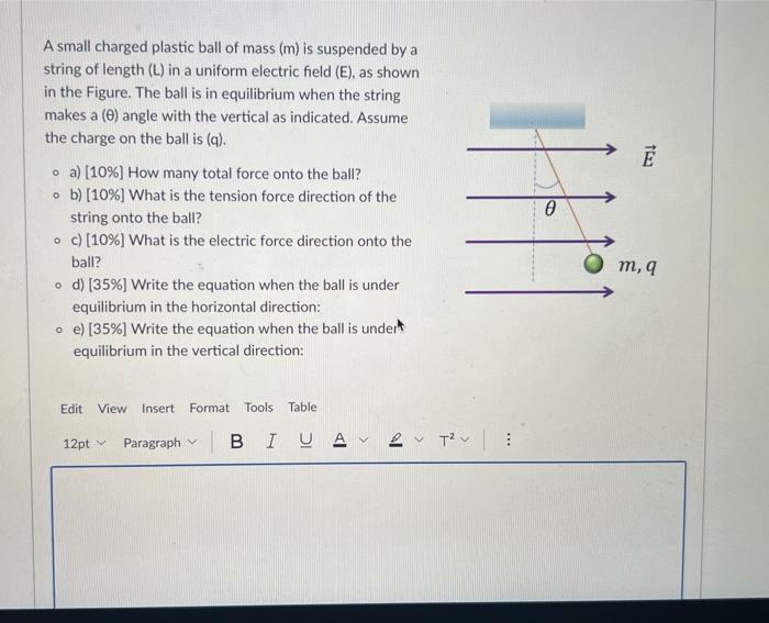 Solved A small charged plastic ball of mass (m) is suspended