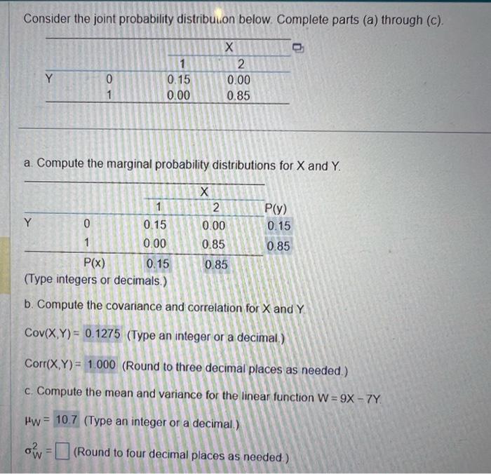 Consider the joint probability distribuion below. | Chegg.com