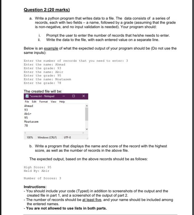 Solved Question 2:20 marks) a. Write a python program that | Chegg.com