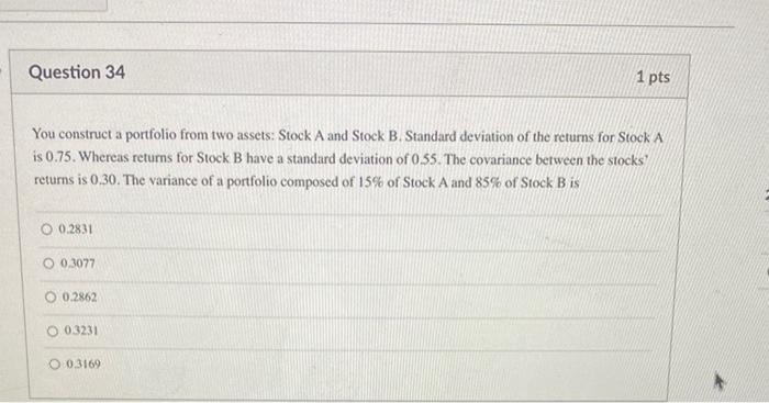 Solved Question 34 1 pts You construct a portfolio from two | Chegg.com