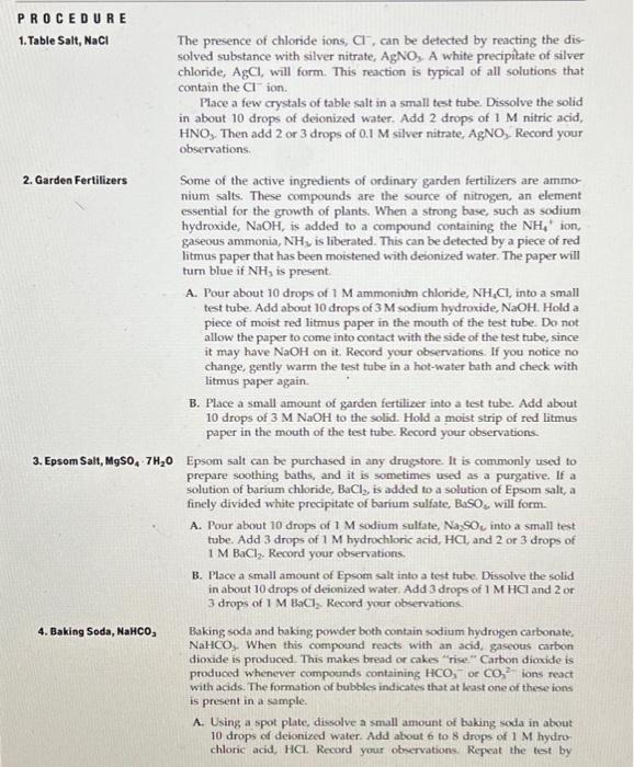 PROCEDURE 1.Table Salt, NaCl The presence of chloride