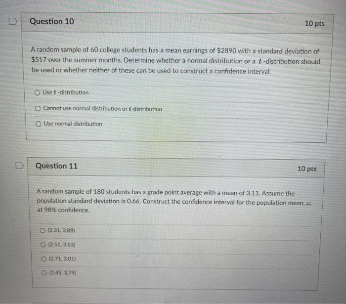 Solved Question 10 10 pts A random sample of 60 college | Chegg.com
