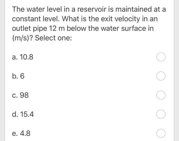 Solved The water level in a reservoir is maintained at a | Chegg.com