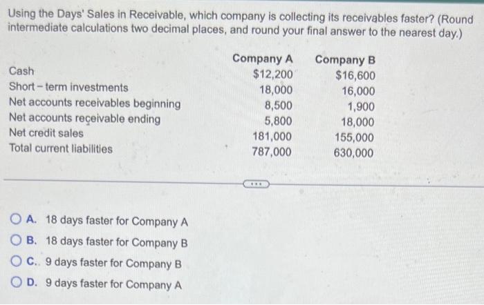 Solved Using The Days' Sales In Receivable, Which Company Is | Chegg.com