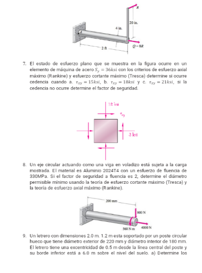 7. El estado de esfuerzo plano que se muestra en la figura ocurre en un elemento de máquina de acero \( S_{y}=36 \mathrm{ksi}