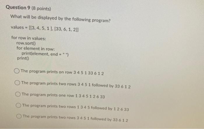 Solved Question 9 (8 points) What will be displayed by the | Chegg.com