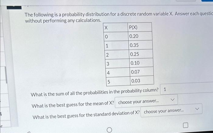 Solved The following is a probability distribution for a | Chegg.com